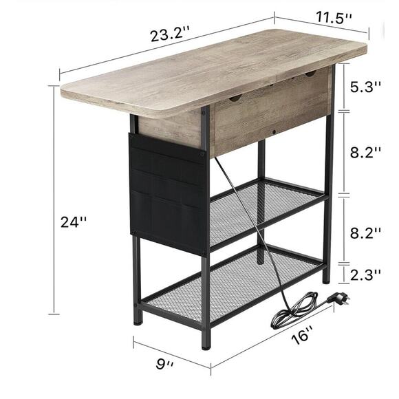End Table with Fast Charging Station, Narrow Side USB Grey - Picture 3 of 7